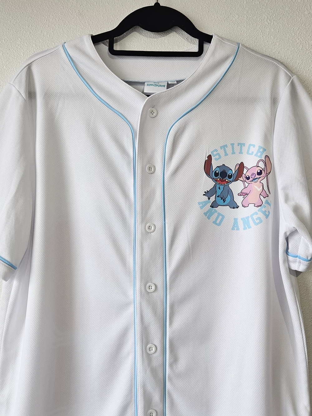 Disney White Baseball Jersey Light Blue Piping Stitch & Angel Graphic Size Small